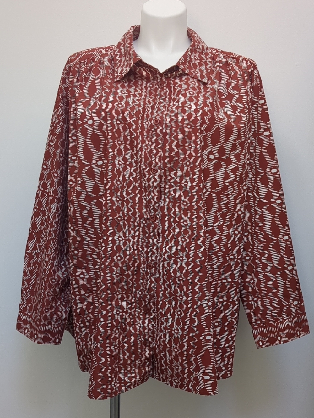 ROAMAN’S Women 4X Rust Geometric Button Down Shirt Long Sleeve Cotton blend
